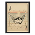 Cuadro Gato Zen Playa Sol Japón Flor Cerezo Mar Tonos Beige Marco Negro