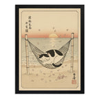 Cuadro Gato Zen Playa Sol Japón Flor Cerezo Mar Tonos Beige Marco Negro