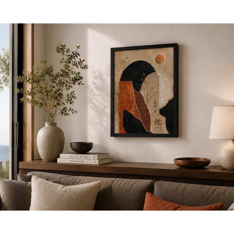 Cuadro Dormitorio Living Boho Abstracto Texturas Bronce Brs1 Marco Negro