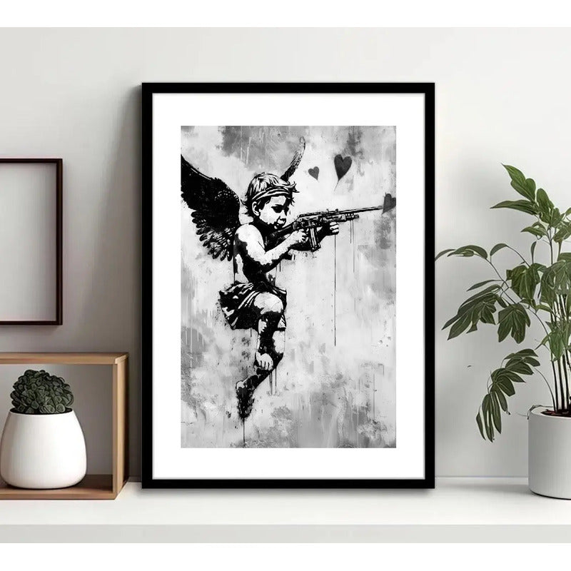 Cuadro Banksy Ángel Con Un Arma Arte Urbano Decoracion Marco Negro