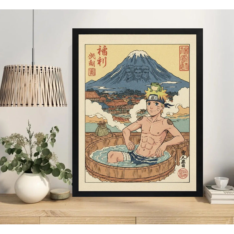 Cuadro Bano Naruto Banera Paisaje Japón Fuji Anime Manga Art Marco Negro