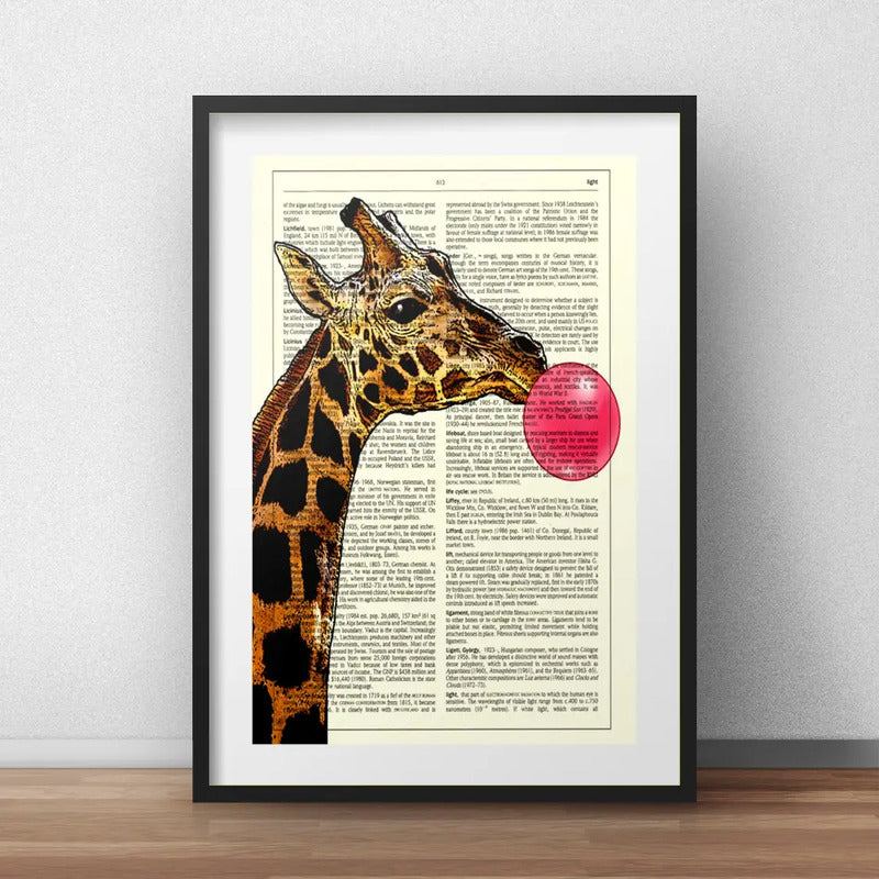 Cuadro Jirafa Chicle Retro Animal Decoracion Con Paspartú Marco Negro