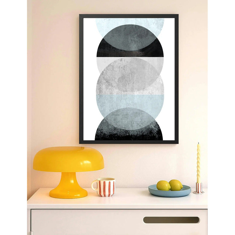 Cuadro Geometrico Abstracto Formas Boho Decoracion Moderna Celeste Azul Con Marco Negro