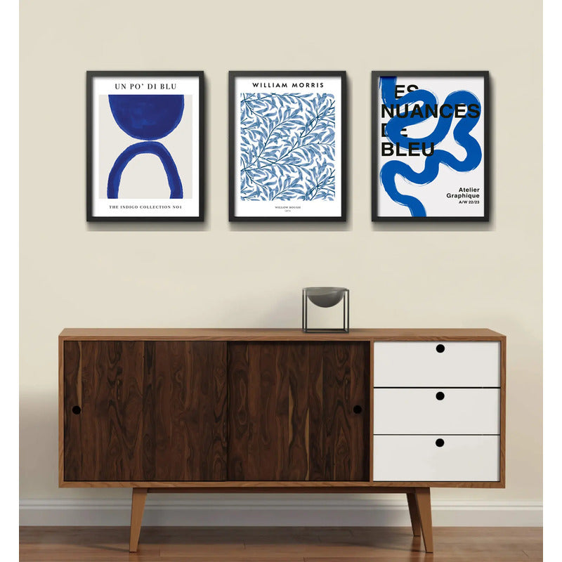 Set 3 Cuadros Dormitorio Living Indigo Abstract Tonos Azul Marco Negro