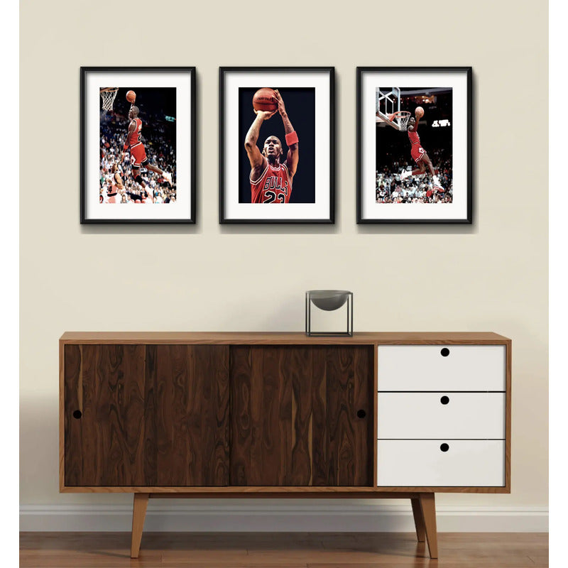Set 3 Cuadros Michael Jordan Basket Nba Nike Con Paspartu Marco Negro