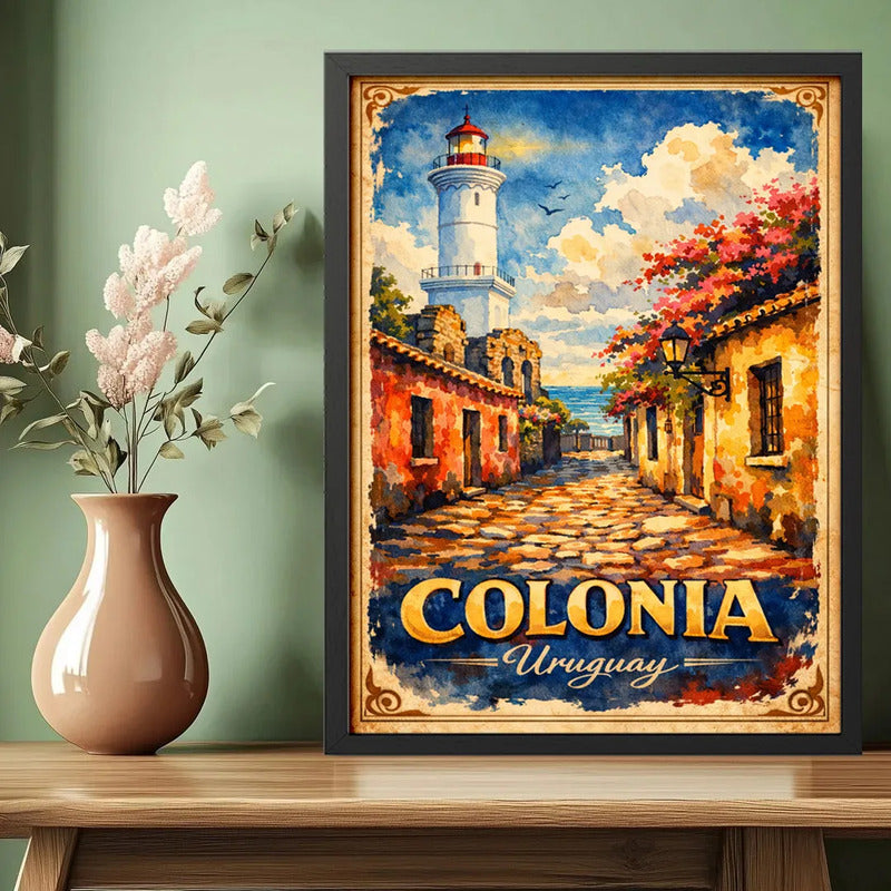Cuadro Colonia Del Sacramento Casco Histórico Retro Uruguay Marco Negro
