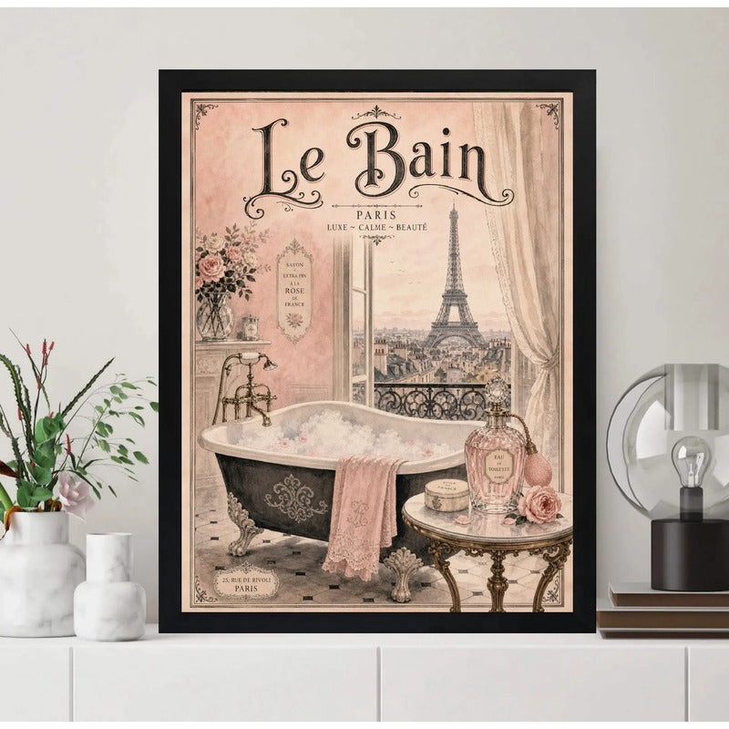 Cuadro Bano Paris Retro Perfume Banera Tonos Rosa Decoracion Marco Negro