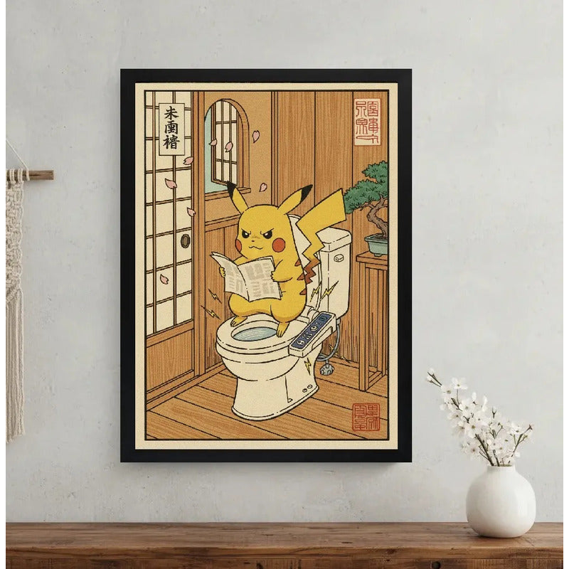 Cuadro Pikachu Bano Bonsai Arbol Japonés Pokemon Arte Anime Marco Negro
