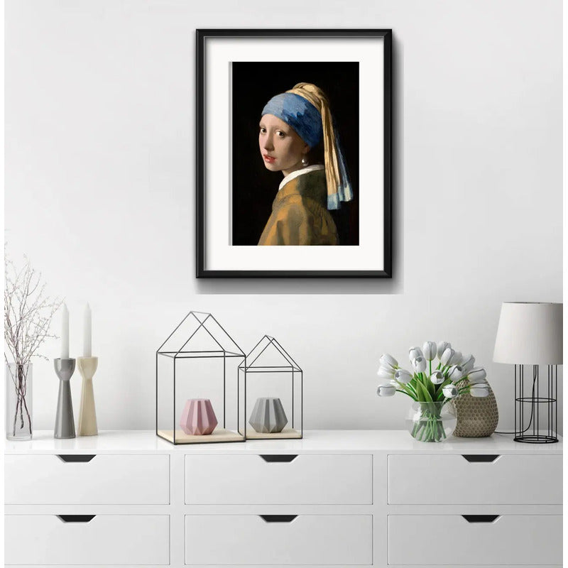 Cuadro La Joven De La Perla De Vermeer 53x43cm Con Paspartú Marco Negro