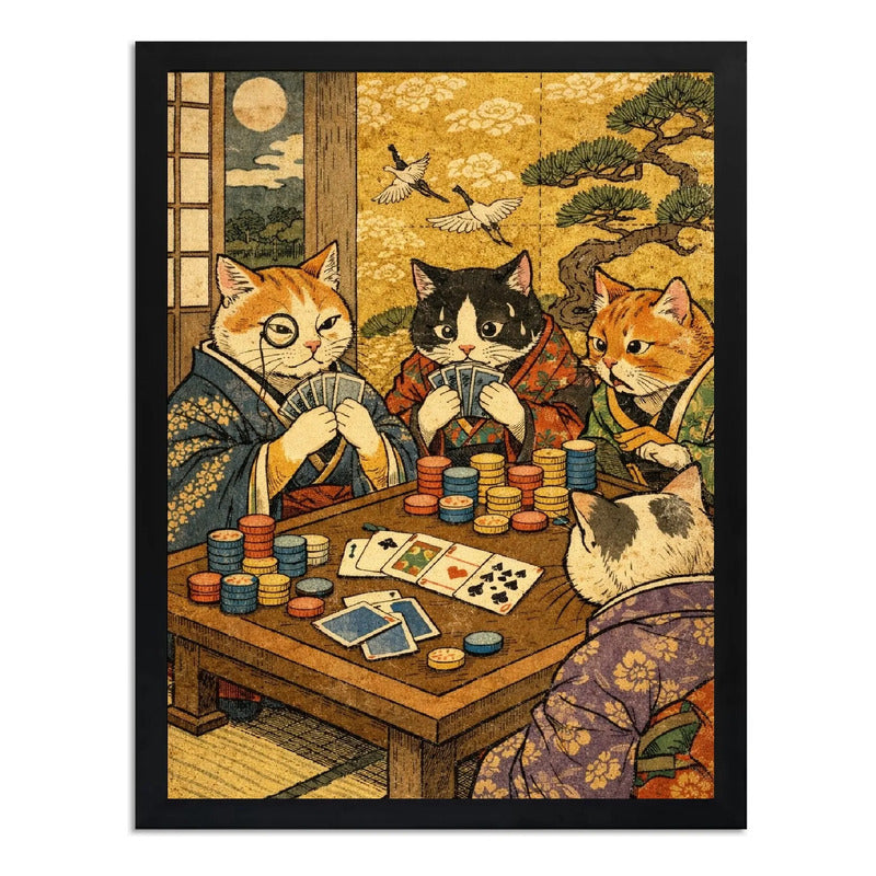 Cuadro Gato Poker Juego Cartas Arte Grullas Japón Decoracion Marco Negro