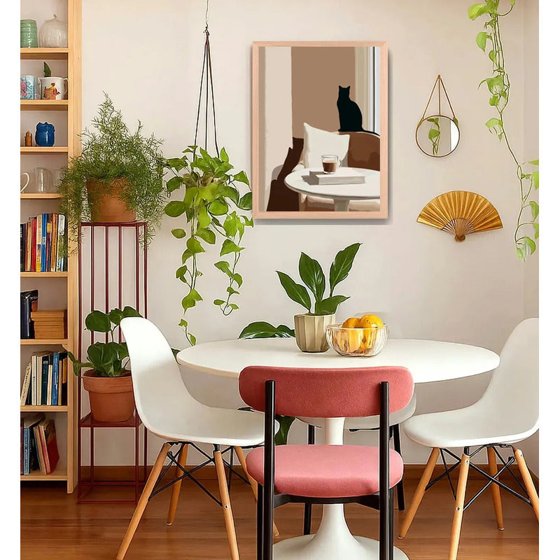 Cuadro Living Cocina Gato Cafe Arte Cozy Cat Tono Neutro Oak Marco Marrón Claro