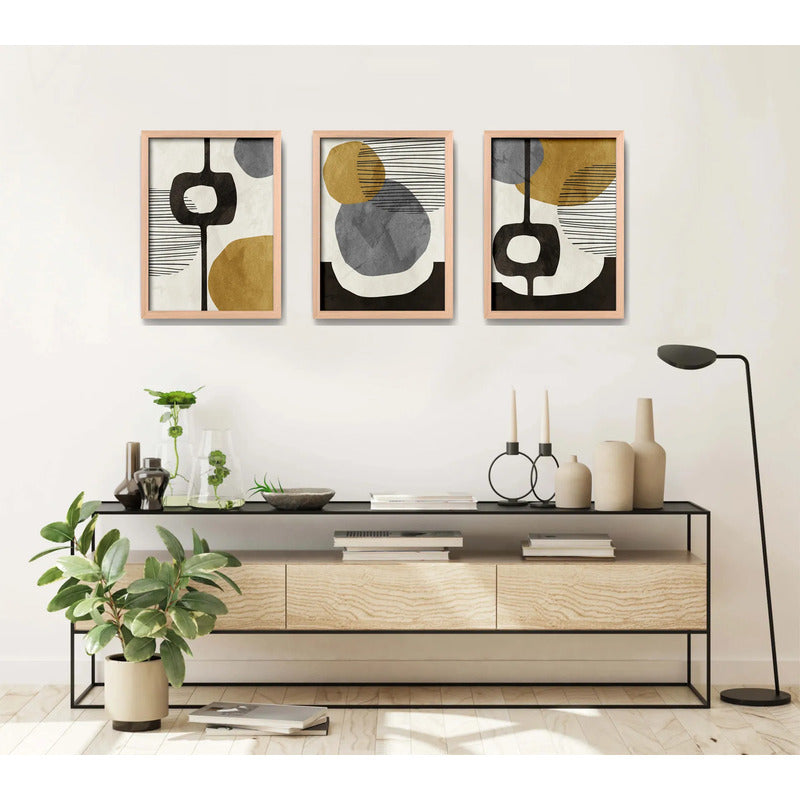 Set 3 Cuadros Dormitorio Living Boho Abstract Tonos Terrosos Marco Madera Natural Oak