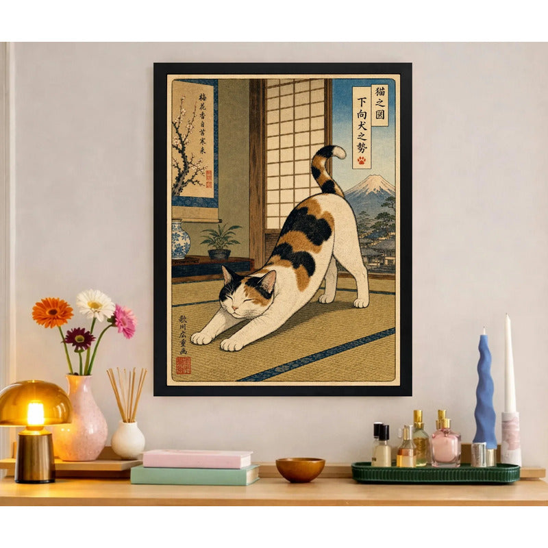 Cuadro Dormitorio Living Gato Calicó Yoga Arte Japones Marco Negro
