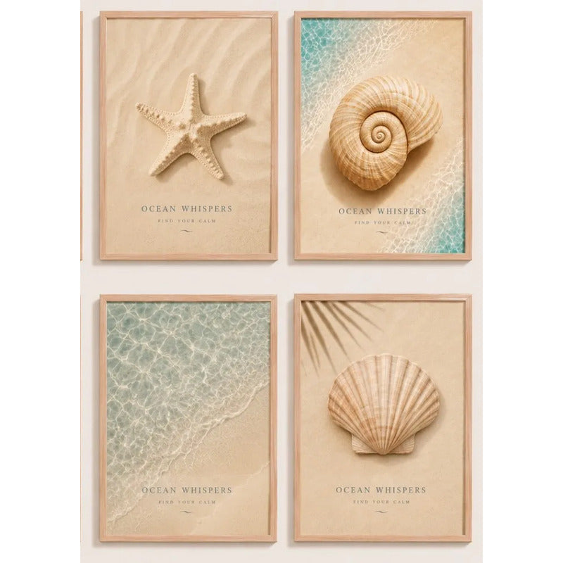 Set 4 Cuadros Paisajes De Playa Concha Estrella Coral Frases Marco Marrón Claro