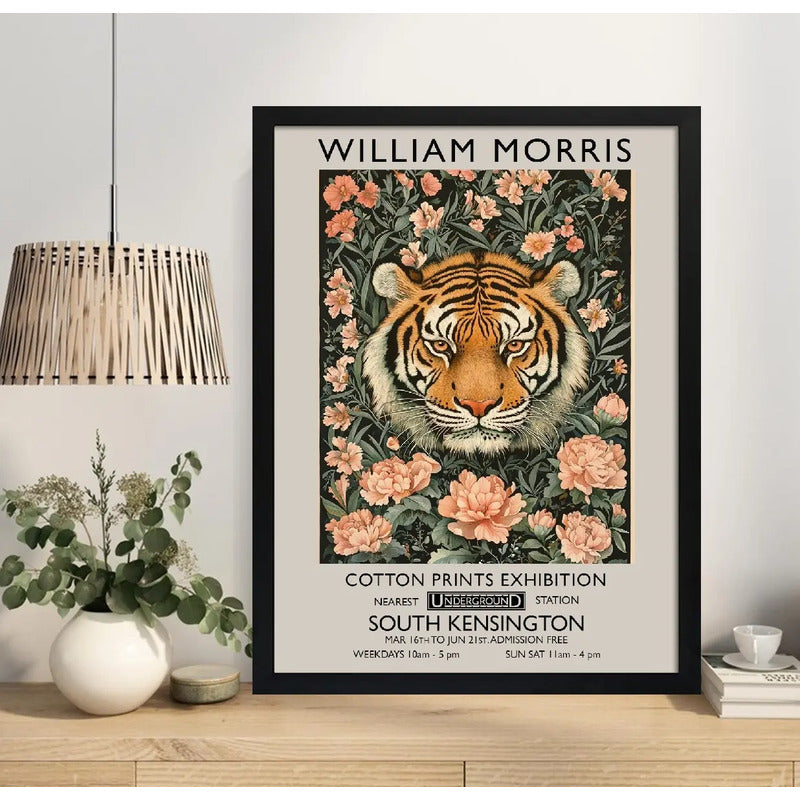 Cuadro Living Tigre Flores William Morris Botanico Animal Marco Negro