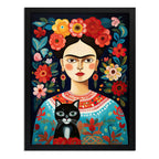 Cuadro Living Floral Frida Kahlo Gato Negro Flores Arte Marco Negro