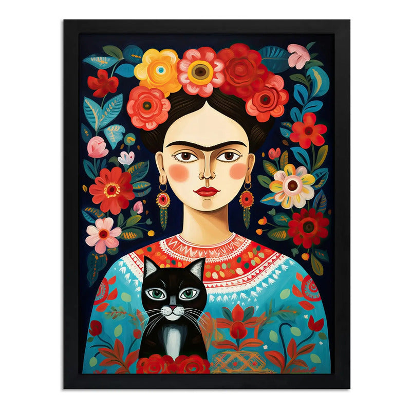 Cuadro Living Floral Frida Kahlo Gato Negro Flores Arte Marco Negro