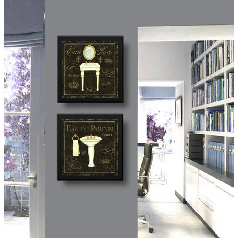 Set 2 Cuadros Baño Retro Paris Decoracion Lavabo 33x33cm Marco Negro
