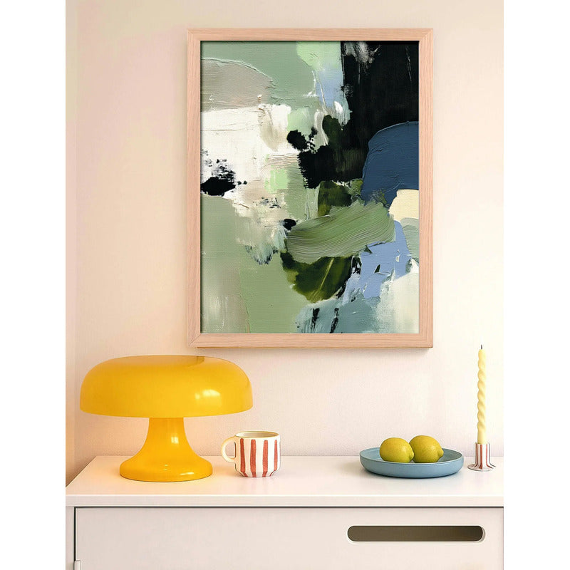 Cuadro Dormitorio Living Boho Abstracto Mossy Calm Verde Oak Marco Marrón Claro