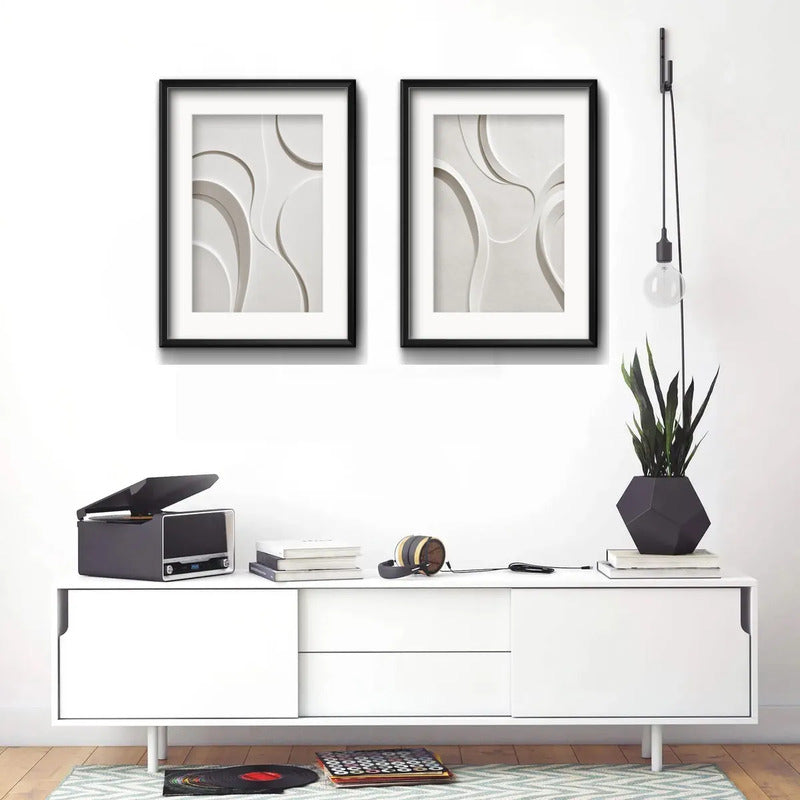 Set 2 Cuadros Boho Arte Abstracto Neutro 3d Con Paspartu 53x43cm Cada Cuadro Negro