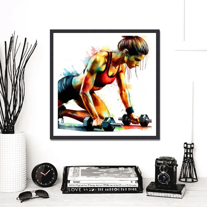 Cuadro Fitness Gym Musculacion Gimnasio Decoracion 33x33cm Ejercicio Con Mancuernas Con Marco Negro