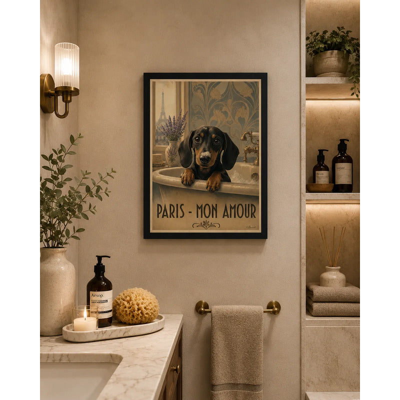 Cuadro Baño Paris Mon Amour Perro Salchicha Dachshund Banera Marco Negro