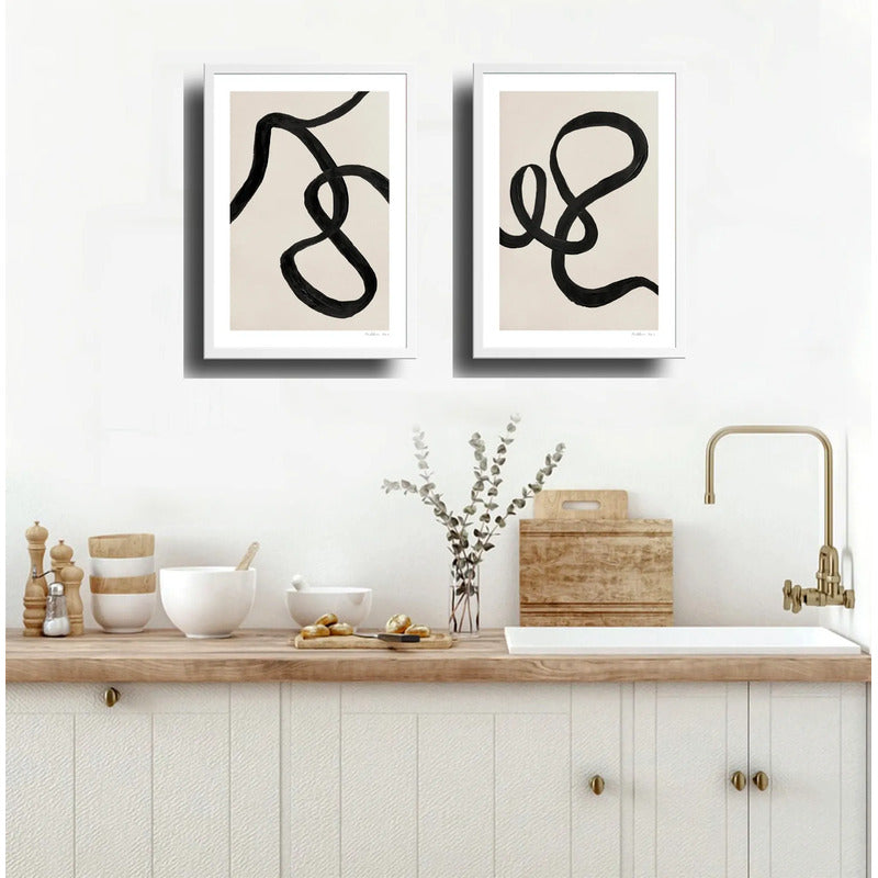 Set 2 Cuadros Lineas Abstracto Tonos Beige Dormitorio Living Marco Blanco