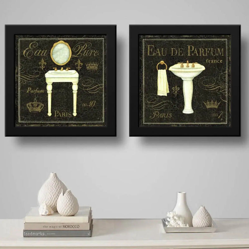 Set 2 Cuadros Baño Retro Paris Decoracion Lavabo 33x33cm Marco Negro