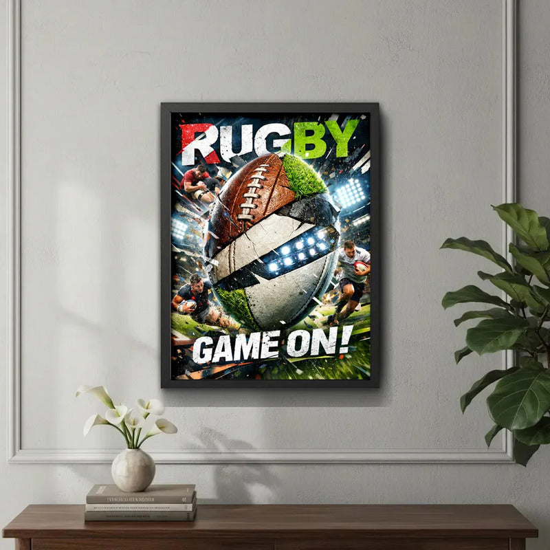 Cuadro Rugby Art Game On Jugador Club Deportes Decoracion Marco Negro