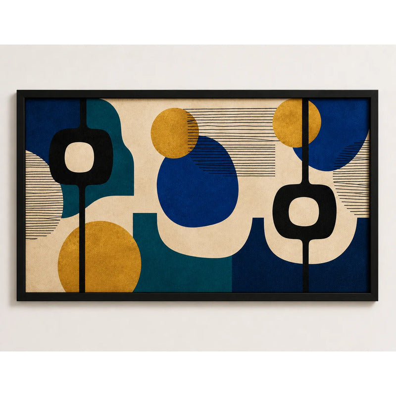 Cuadro Dormitorio Living Boho Abstracto Azul Dorado Grande Marco Negro