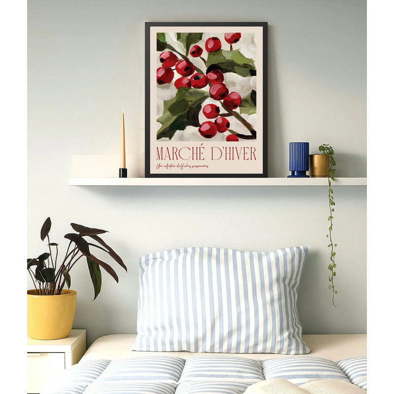 Cuadro Dormitorio Living Marché D'hiver Flores Bayas Arte Marco Negro