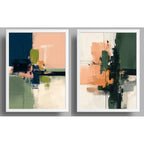 Set 2 Cuadros Dormitorio Living Abstracto Arte Verde Durazno Marco Blanco