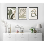 Set 3 Cuadros Dormitorio Living Abstracto Tonos Beige Verde Marco Negro