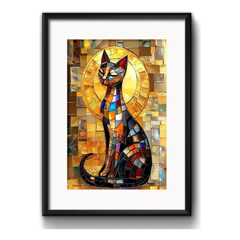 Cuadro Gato Geometrico Abstracto Decoracion Con Paspartú Marco Negro
