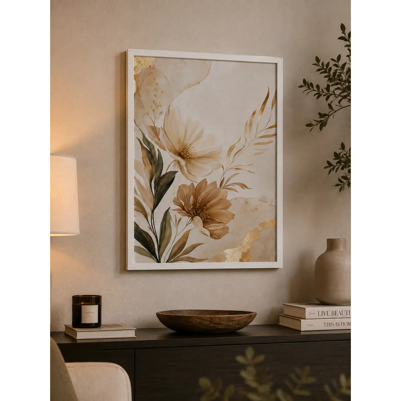 Cuadro Living Dormitorio Hojas Floral Beige Dorado Abstracto Marco Blanco