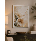 Cuadro Living Dormitorio Hojas Floral Beige Dorado Abstracto Marco Blanco