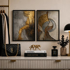 Set 2 Cuadros Living Dormitorio Abstracto 3d Oro Gris Beige Marco Negro