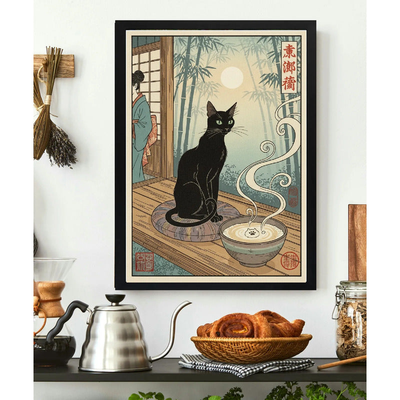 Cuadro Gato Mistico Cafe Latte Bambu Japón Cocina Decoracion Marco Negro