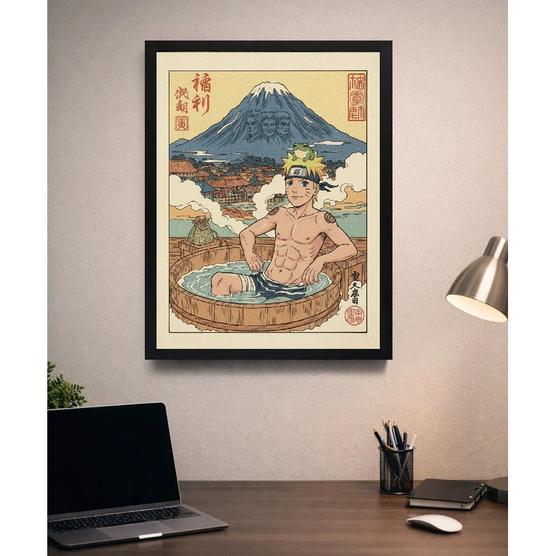 Cuadro Bano Naruto Banera Paisaje Japón Fuji Anime Manga Art Marco Negro
