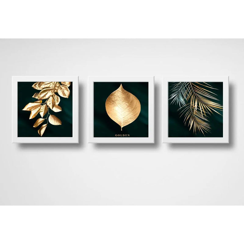 Set 3 Cuadros Hojas Doradas Oro Plantas Arte Decoracion Casa