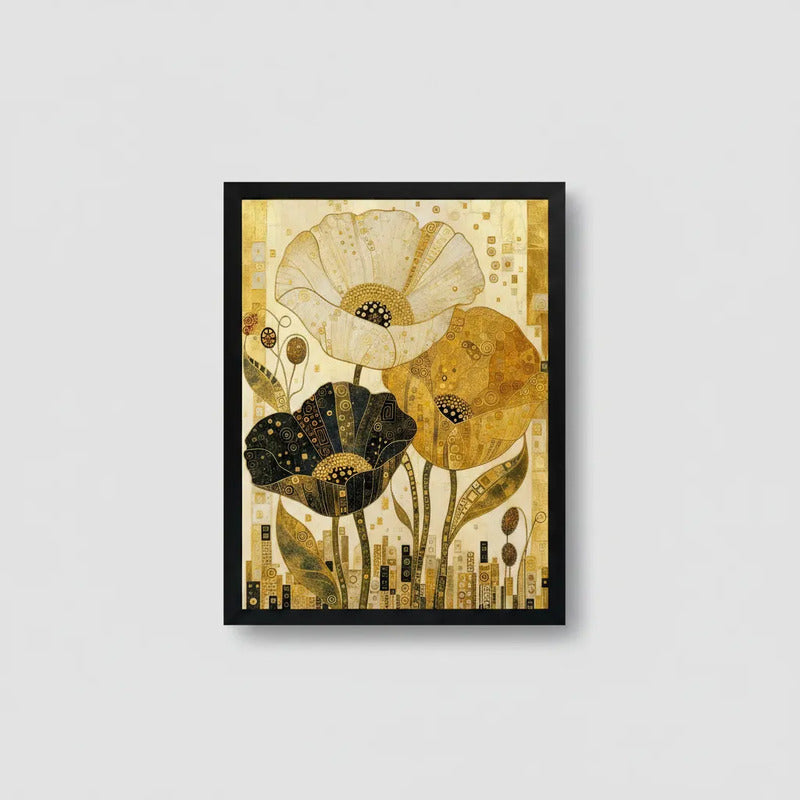 Cuadro Living Dormitorio Floral Dorado Beige Gustav Klimt Marco Negro