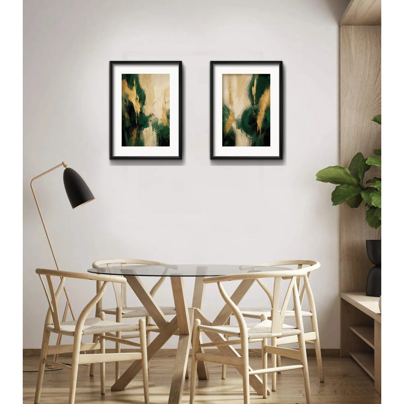 Set 2 Cuadros Boho Arte Abstracto Verde Beige Con Paspartu 43x33cm Cada Cuadro Negro