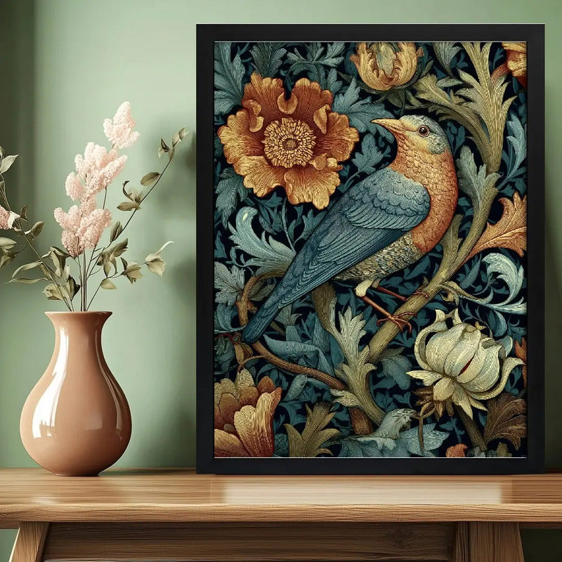 Cuadro Pajaro Botanico Flores William Morris Aves Flor Arte Pájaro Entre Flores W Morris 2 Marco Negro