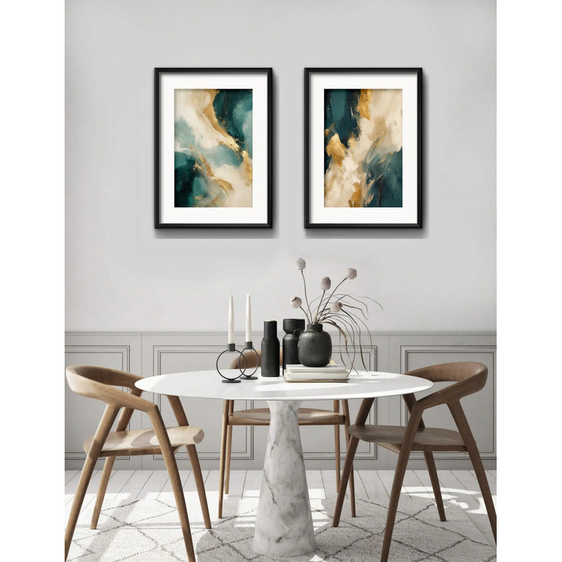 Set 2 Cuadros Boho Arte Abstracto Azul Petroleo Con Paspartu 53x43cm Cada Cuadro Negro