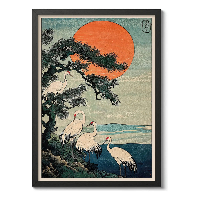 Cuadro Japonés Woodblock Grulla Paisaje Art Japón Decoracion Marco Negro