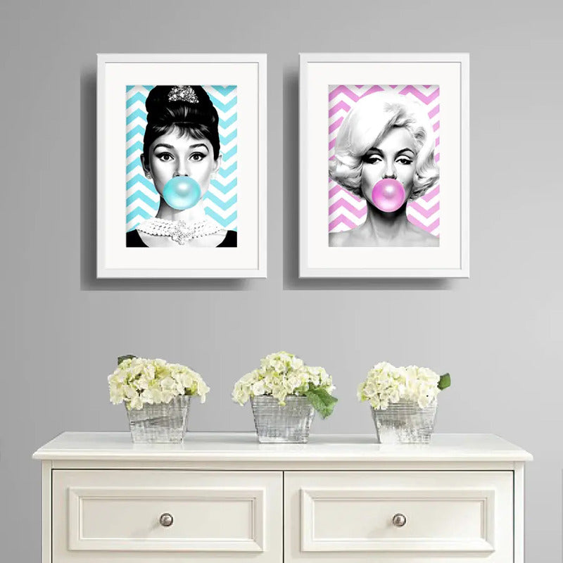 Set 2 Cuadros Marilyn Audrey Hepburn Chicle Pop Art Paspartu
