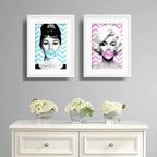 Set 2 Cuadros Marilyn Audrey Hepburn Chicle Pop Art Paspartu