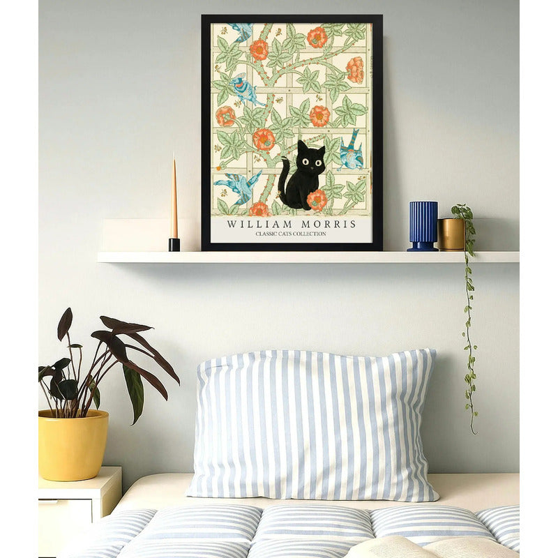 Cuadro Gato Negro Y Celosía Floral William Morris Arte Flor Marco Negro