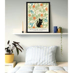 Cuadro Gato Negro Y Celosía Floral William Morris Arte Flor Marco Negro