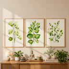 Set 3 Cuadros Dormitorio Living Hojas Verdes Plantas Suaves Marco Marrón Claro